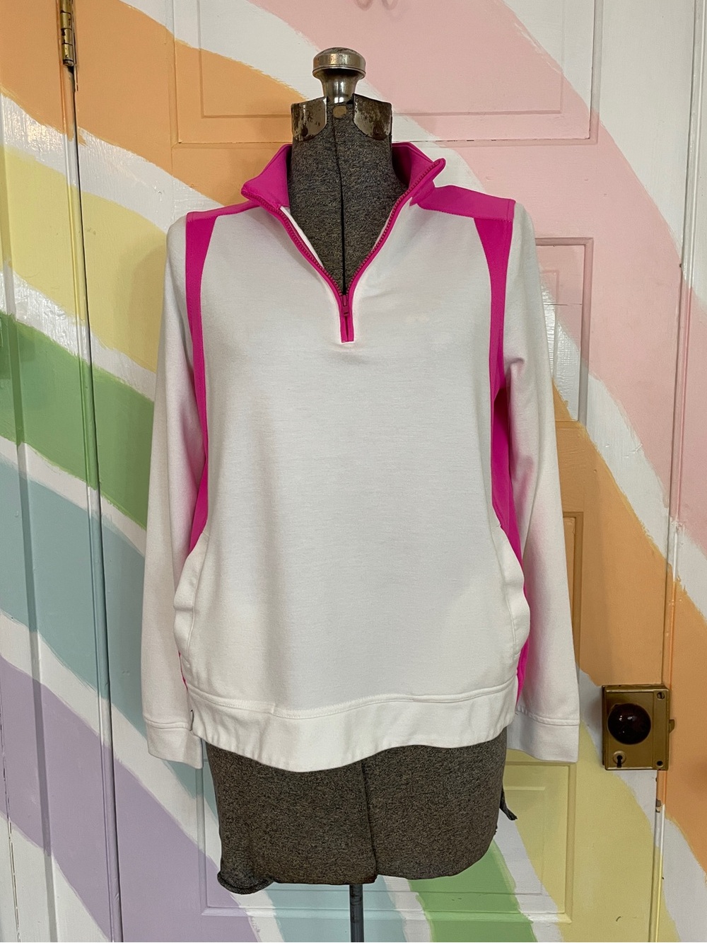 Belyn Key Fairway Long Sleeve Quarter Zip Top Pink & White Golf Preppy Sz S 💚🎀